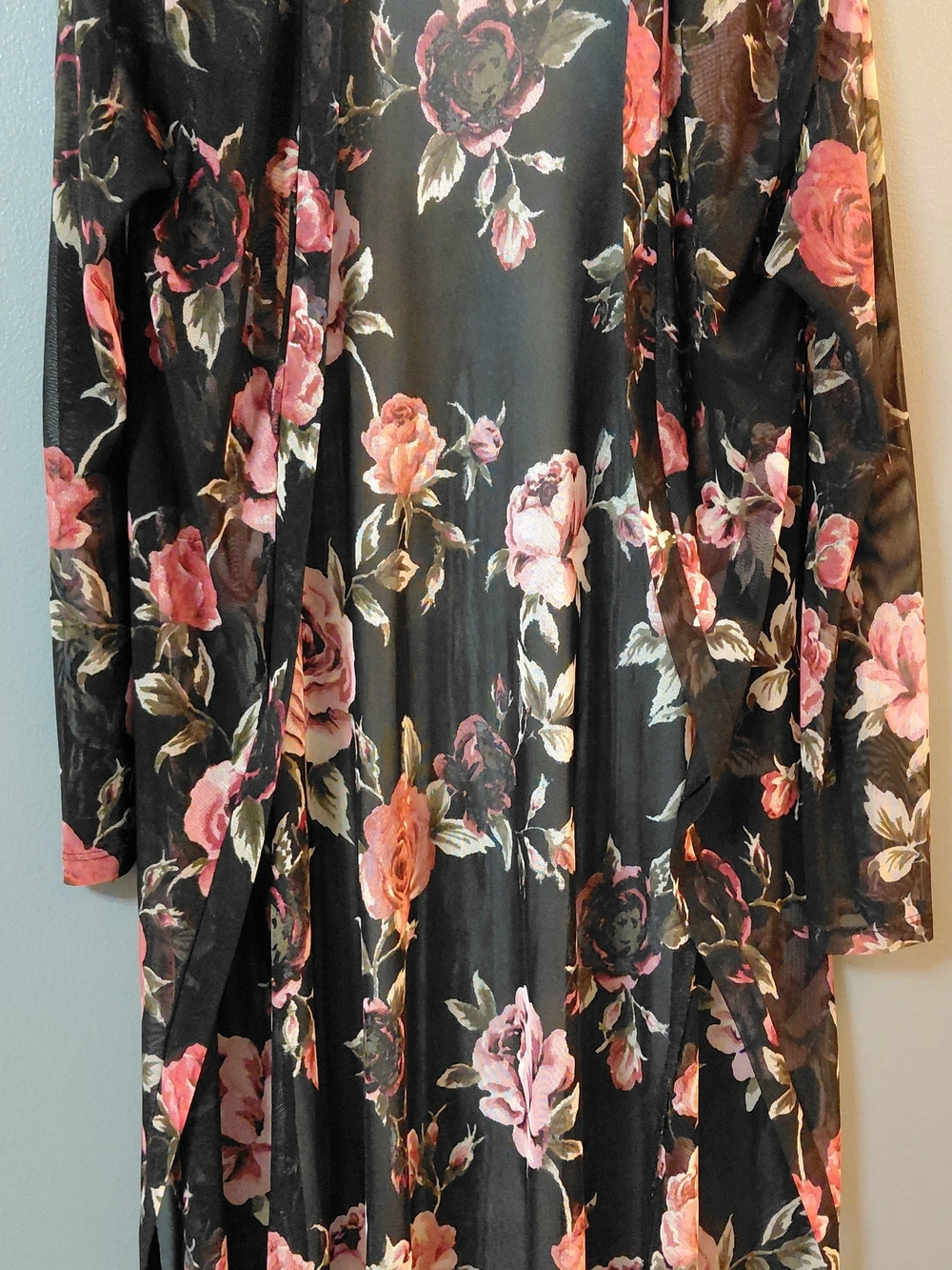 Black Floral Duster Cardigan with Pink Rose Print